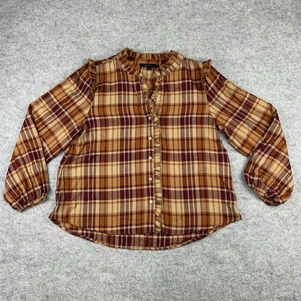 Frye Womens Plaid Ruffle Trim Button Front Blouse Brown Tan Burgundy Size M